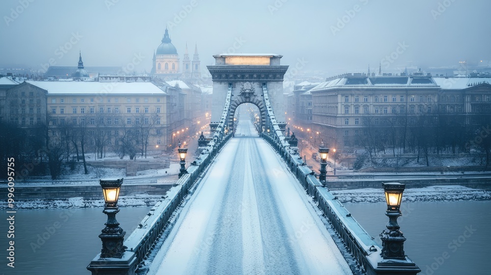 Naklejka premium The Chain Bridge in winter, with light snow covering its structure and the city of Budapest appearing serene and peaceful in the background.