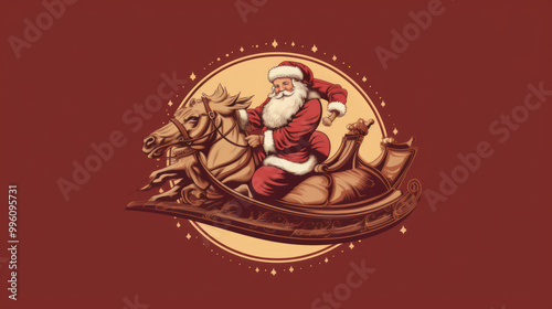 Illustration of Santa Claus riding on his sleigh on a maroon background