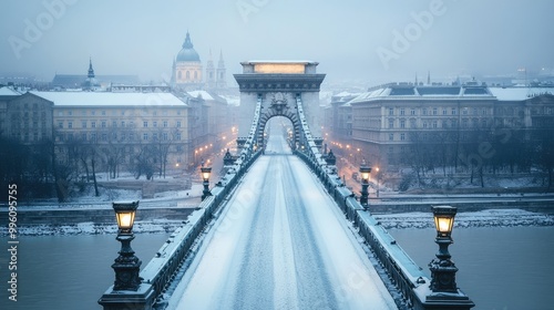 The Chain Bridge in winter, with light snow covering its structure and the city of Budapest appearing serene and peaceful in the background.
