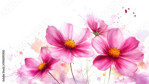 Beautiful pink cosmos flowers with a watercolor painting effect on a white background,