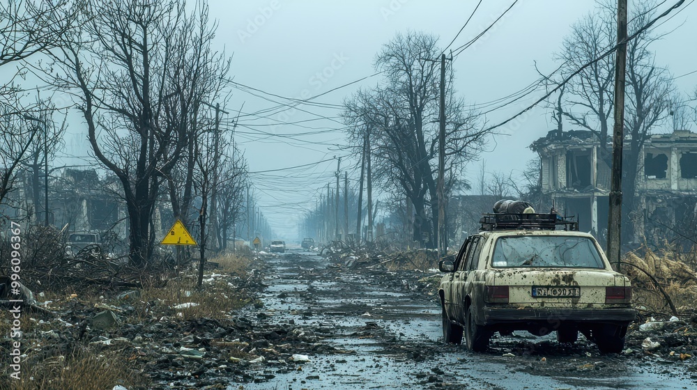 Abandoned street with a derelict car, desolate trees, and debris under a gloomy sky. Abandoned street with a derelict car, desolate trees, and debris under a gloomy sky.
