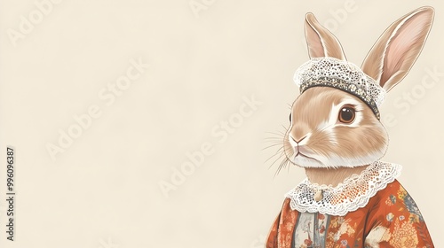 Minimalist Rabbit in Dutch Traditional Dress with Lace Cap on Soft Cream Background photo