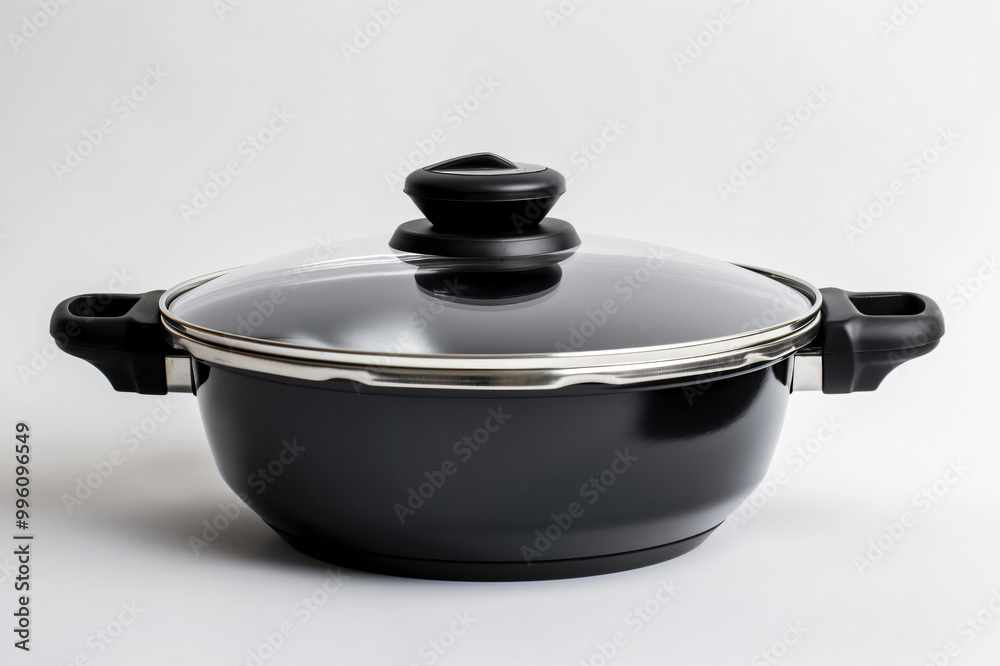 Large black saucepan with a glass lid is standing on a white background, its nonstick coating gleaming under the light Large black saucepan with a glass lid is standing on a white background, its nonstick coating gleaming under the light