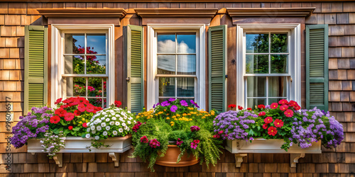 Charming bay window with flower boxes on a cozy cottage, bay window, flower boxes, colorful blooms, charming, cozy, cottage