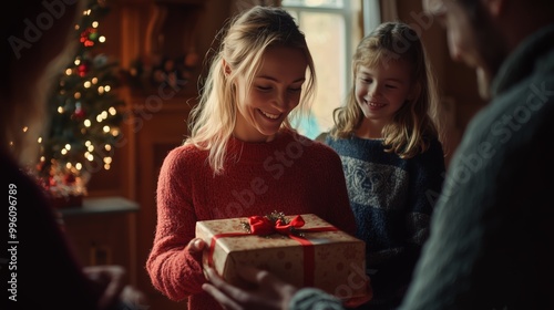 A joyful moment as a girl receives a beautifully wrapped gift during a cozy holiday gathering