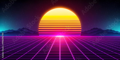 80s style striped sun setting over a synthwave landscape, sunset, sunrise, 80s, retro, vintage, arcade game, synthwave, neon