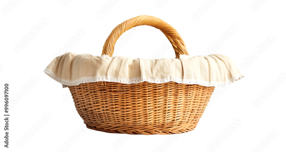 A wicker basket with a white cloth lining.


