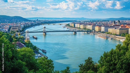 The Danube River from the vantage point of Gell Hill, showcasing the beauty of Budapestbridges and historic landmarks along the water.