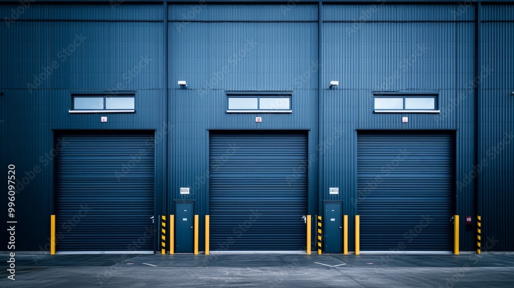 Industrial warehouse exterior with multiple loading docks Industrial warehouse exterior with multiple loading docks