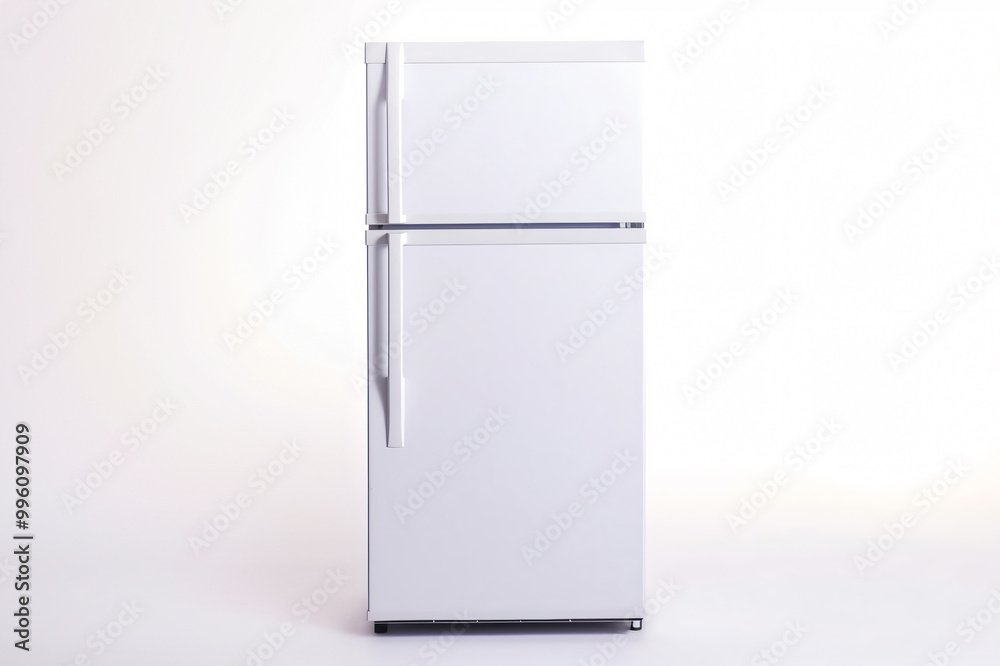 White refrigerator standing tall, offering ample space for food and beverage storage White refrigerator standing tall, offering ample space for food and beverage storage