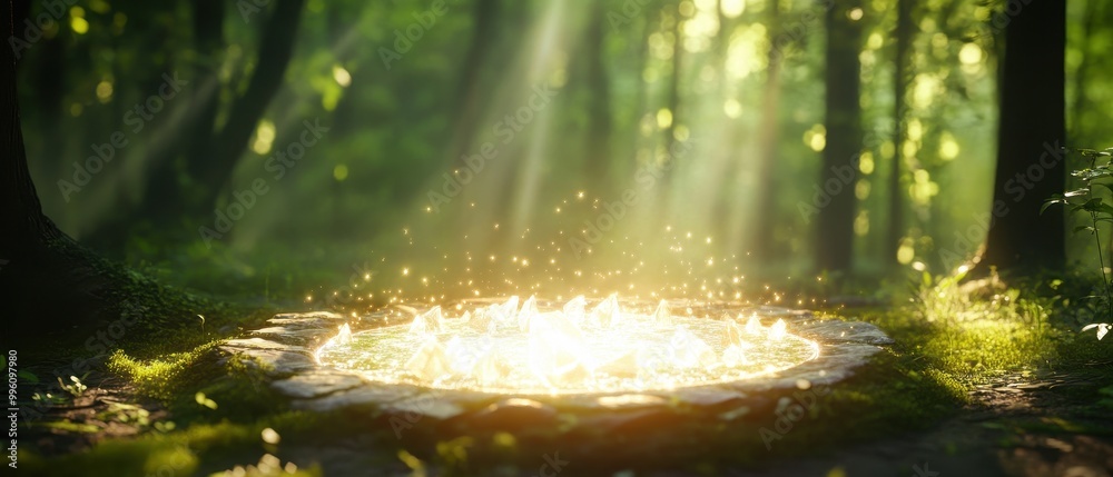 A serene forest scene with golden light emanating from a glowing circle, surrounded by lush greenery and soft rays penetrating the trees. A serene forest scene with golden light emanating from a glowing circle, surrounded by lush greenery and soft rays penetrating the trees.
