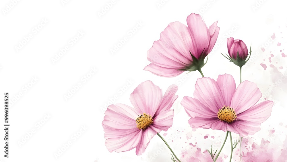 Beautiful pink cosmos flowers with a watercolor painting effect on a white background, Beautiful pink cosmos flowers with a watercolor painting effect on a white background,