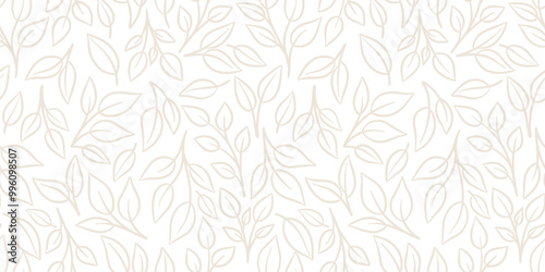 Leaf pattern, seamless white nature background with leaves, natural banner, repeating tile