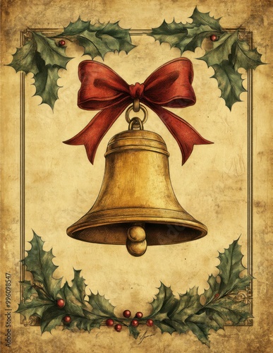 Golden Christmas bell with red ribbon and holly garland on a vintage background
 photo