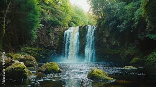 The Golden Falls in Ireland cascading into a deep pool, with moss-covered rocks and emerald green trees framing the scene.