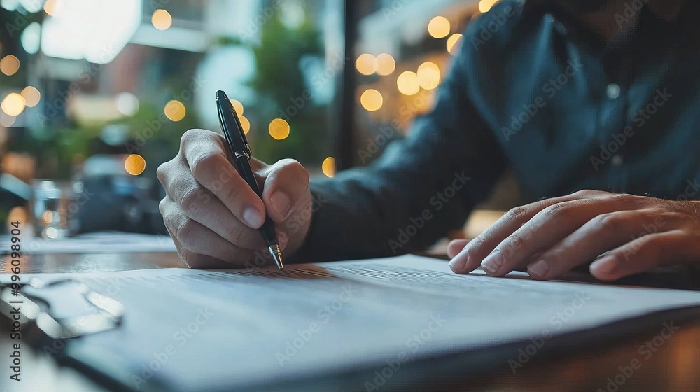Close-up of person signing a document with pen