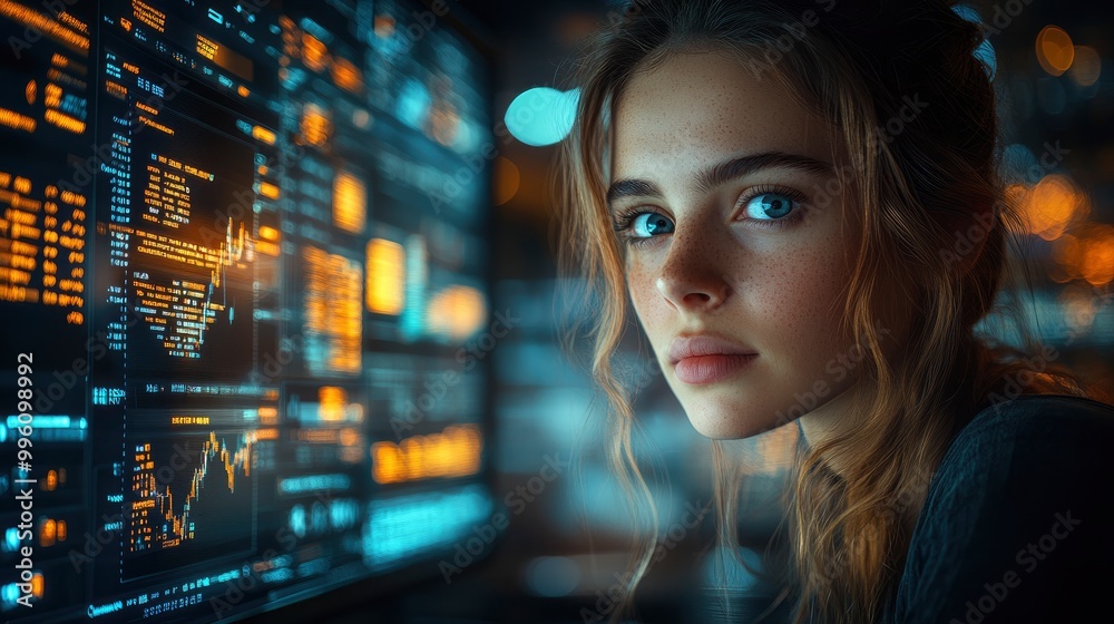 Young Woman Looking at a Computer Screen with Data and Charts Young Woman Looking at a Computer Screen with Data and Charts