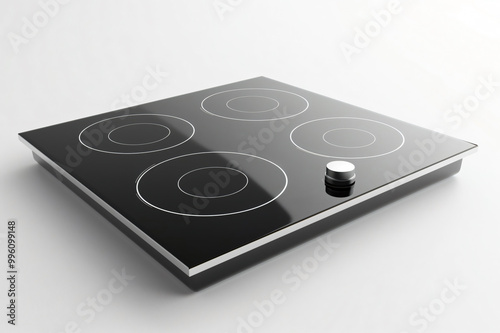 Sleek and modern black induction cooktop with four burners and a touch control panel is standing on a white background photo