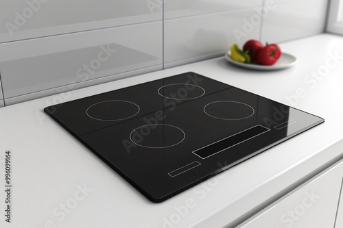 Sleek black induction cooktop with touch controls is embedded in a white kitchen counter photo