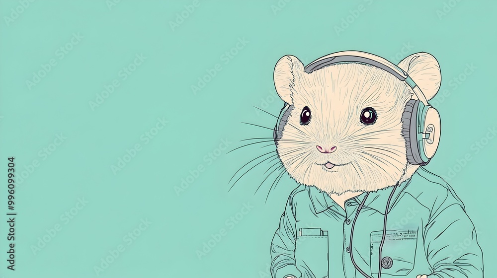Obraz premium Hamster IT Specialist Wearing Headphones in Minimalist Line Art Style