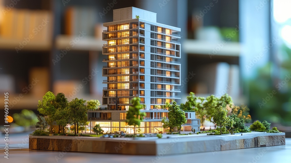 Architectural model of modern apartment building with greenery Architectural model of modern apartment building with greenery