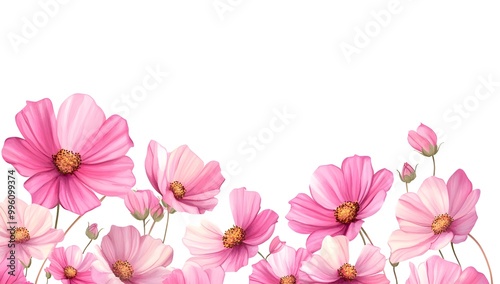 Beautiful pink cosmos flowers with a watercolor painting effect on a white background,