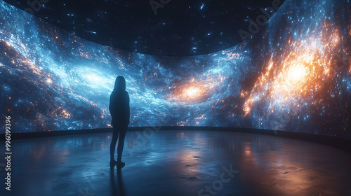 Immersive room with curved LED screens showing images of the universe, creating an atmosphere reminiscent of interstellar travel