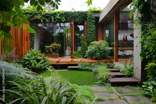 Tranquil and Inviting Outdoor Courtyard Featuring a Harmonious Blend of Modern Architecture Natural Materials and Lush Greenery for a Peaceful Retreat,Garden room, green retreat with bee friendly