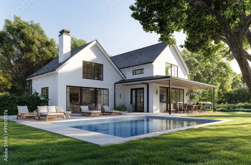 A minimalist modern farmhouse, with a small pool in the backyard, surrounded by patio furniture and a large oak tree. The house is painted white, with blue-grey floor tiles, and lush green grass.