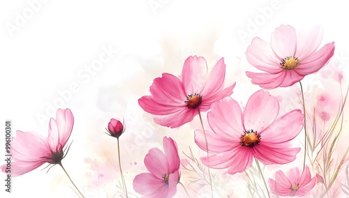 Beautiful pink cosmos flowers with a watercolor painting effect on a white background,