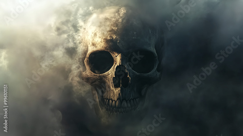 A haunting image of a skull emerging from swirling fog, creating a chilling and eerie atmosphere that evokes themes of mortality and mystery.