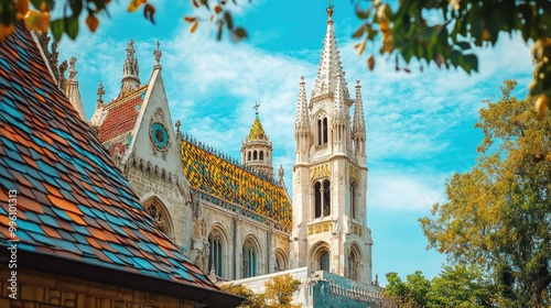 The historic Matthias Church in Budapest, with its colorful roof tiles and Gothic architecture standing proudly atop Castle Hill.