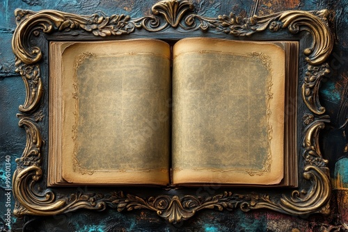 Open Antique Book in an Ornate Frame