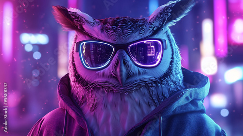 Owl with Purple Neon Glasses in a Glowing Cyberpunk Cityscape Cool Night Atmosphere photo