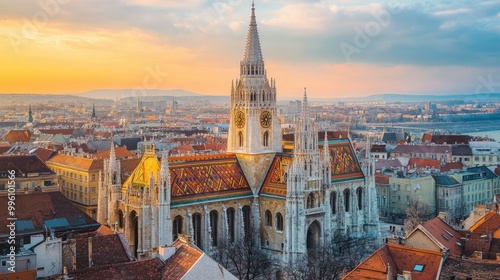 The historic Matthias Church in Budapest, with its colorful roof tiles and Gothic architecture standing proudly atop Castle Hill.