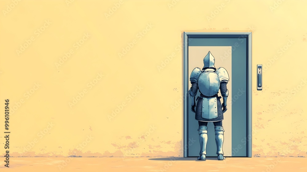 Male Anime-Style Armored Knight Startled by Automatic Sliding Door on Pastel Yellow Wall Male Anime-Style Armored Knight Startled by Automatic Sliding Door on Pastel Yellow Wall