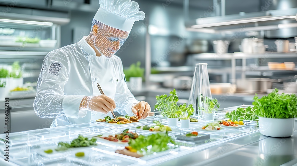 A holographic chef designing virtual meals in a high-tech kitchen, representing the future of personalized food and AI-driven culinary creativity A holographic chef designing virtual meals in a high-tech kitchen, representing the future of personalized food and AI-driven culinary creativity