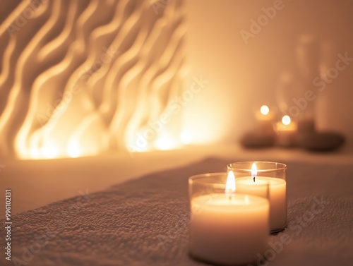 A serene scene featuring glowing candles against a softly lit, textured wall, creating a calming and tranquil atmosphere.