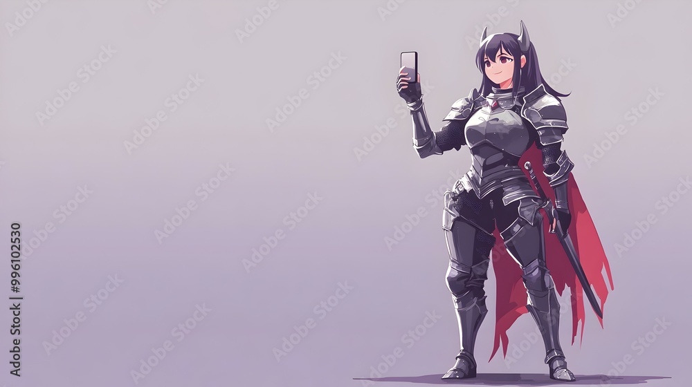 Armored Fantasy Knight Taking a Selfie in Minimalistic Anime-Inspired Flat Design Armored Fantasy Knight Taking a Selfie in Minimalistic Anime-Inspired Flat Design