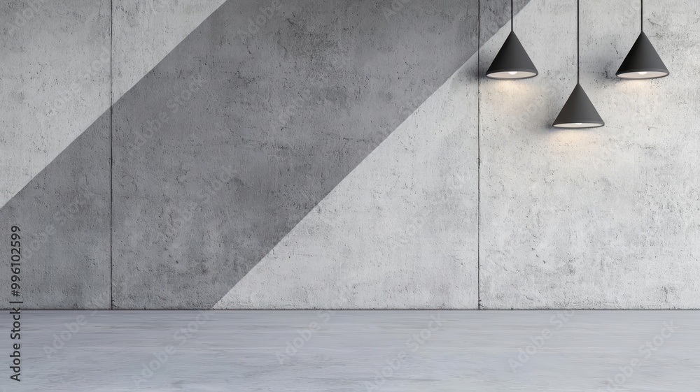 Industrial loft space with concrete walls and three lamps