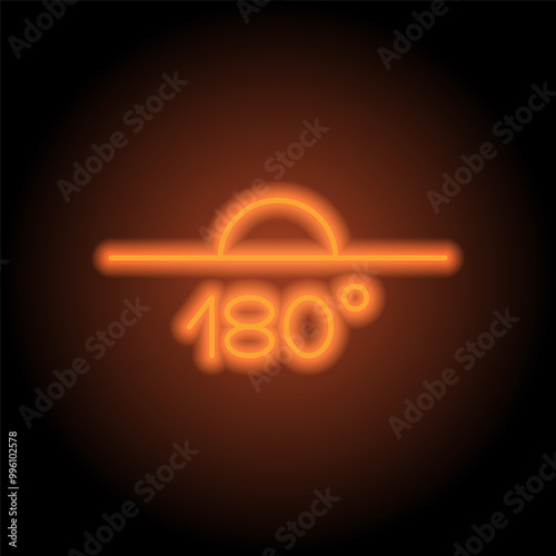 180 degrees angle simple icon vector. Flat design. Orange neon on black background