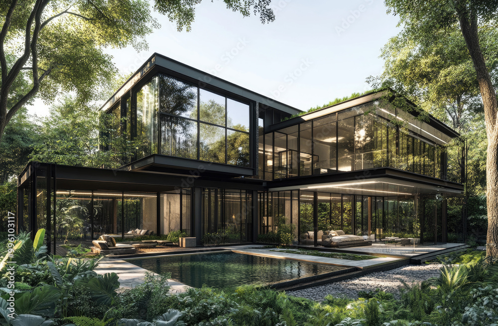 A sleek, modern house with large glass windows and black steel frames, nestled in an urban park surrounded by lush greenery. A sleek, modern house with large glass windows and black steel frames, nestled in an urban park surrounded by lush greenery.
