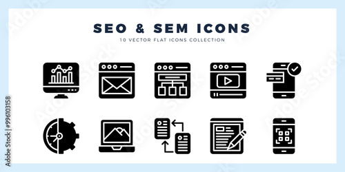 10 SEO And SAM Glyph icon pack. vector illustration.