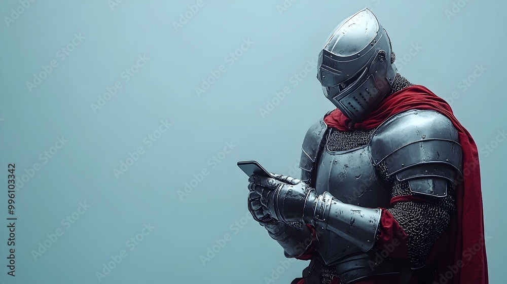 Armored Knight Attempts to Use Smartphone on Minimalistic Blue Background Armored Knight Attempts to Use Smartphone on Minimalistic Blue Background