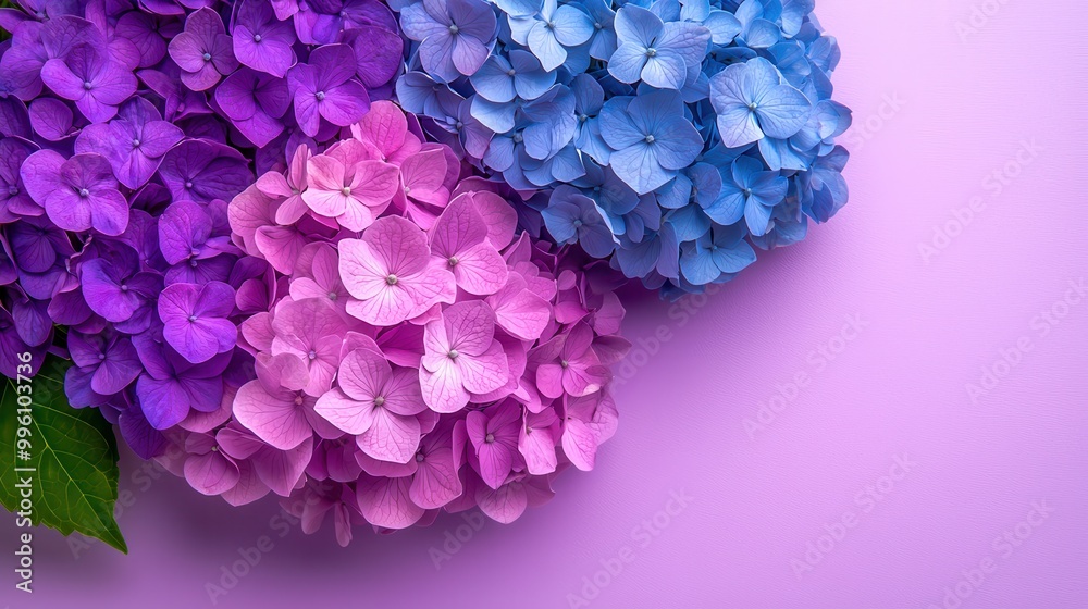 Macro shot of hydrangea clusters displaying individual blossoms in shades of blue and purple Macro shot of hydrangea clusters displaying individual blossoms in shades of blue and purple