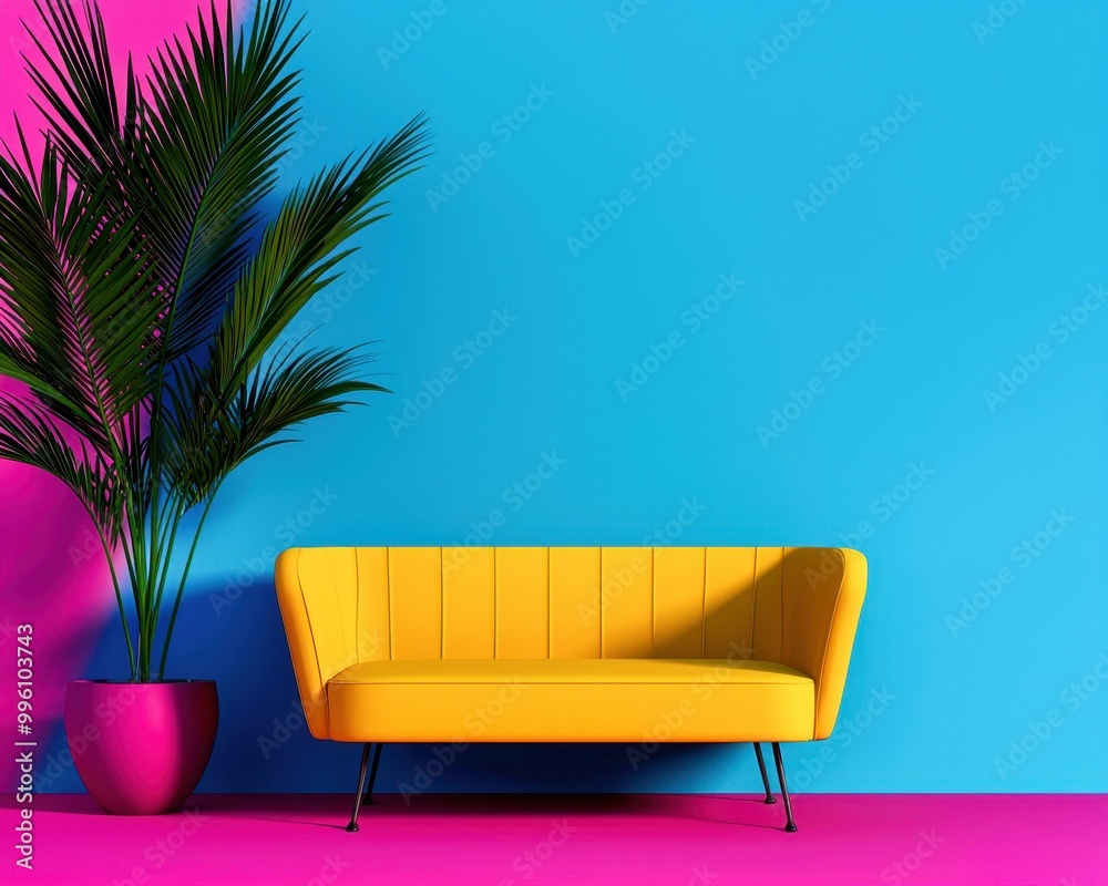 Vibrant interior featuring a yellow sofa against a blue and pink wall with a green plant. Vibrant interior featuring a yellow sofa against a blue and pink wall with a green plant.