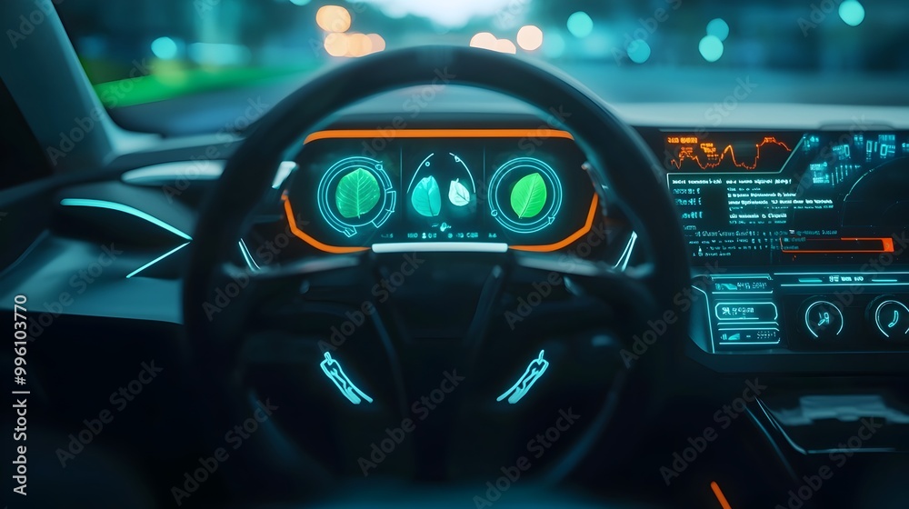 Minimalist Electric Car Dashboard with Floating Leaf Controls and Clean Tech Energy Indicators Minimalist Electric Car Dashboard with Floating Leaf Controls and Clean Tech Energy Indicators