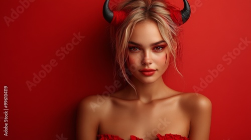 Dark Fantasy Demon Cosplay with Horns and Gothic Aesthetic in Red and Black photo