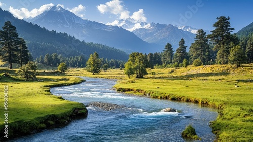 The lush meadows of Pahalgam in Kashmir, with a crystal-clear river flowing through and the majestic Himalayas in the background.