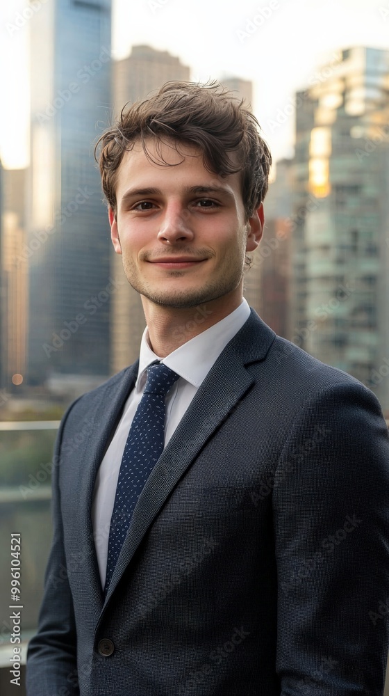 A headshot of a young professional, wearing a suit, with a city skyline subtly visible in the background A headshot of a young professional, wearing a suit, with a city skyline subtly visible in the background